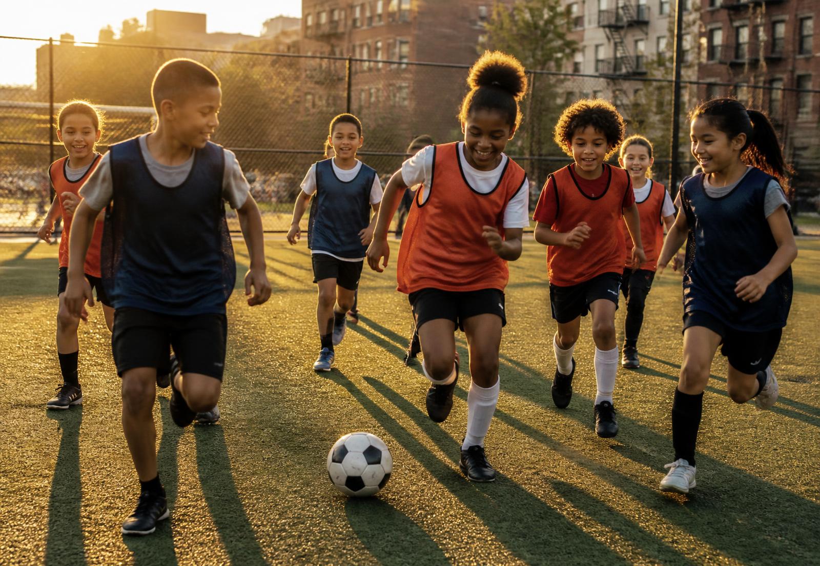 Kids laughing while playing soccer on a Harlem turf field at golden hour